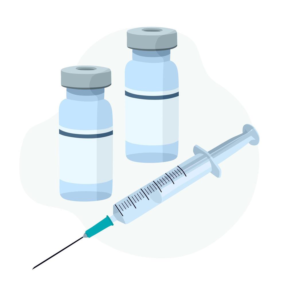 vacunación de niños en el hospital. ilustración vectorial de una jeringa y una vacuna. prevención, tratamiento de enfermedades, atención de la salud e inmunización. vector