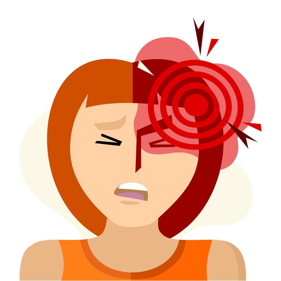 Headache, migraine, visual aura. An image of pain in one side of the head. Cartoon illustration for informational posters, articles, websites, and mobile apps. vector