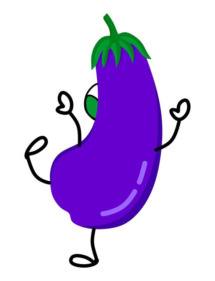 Eggplant dancing funny view from the back with arms and legs. Vector illustration in a flat style. It can be used for websites, mobile apps, stickers, prints on clothing and fabric.