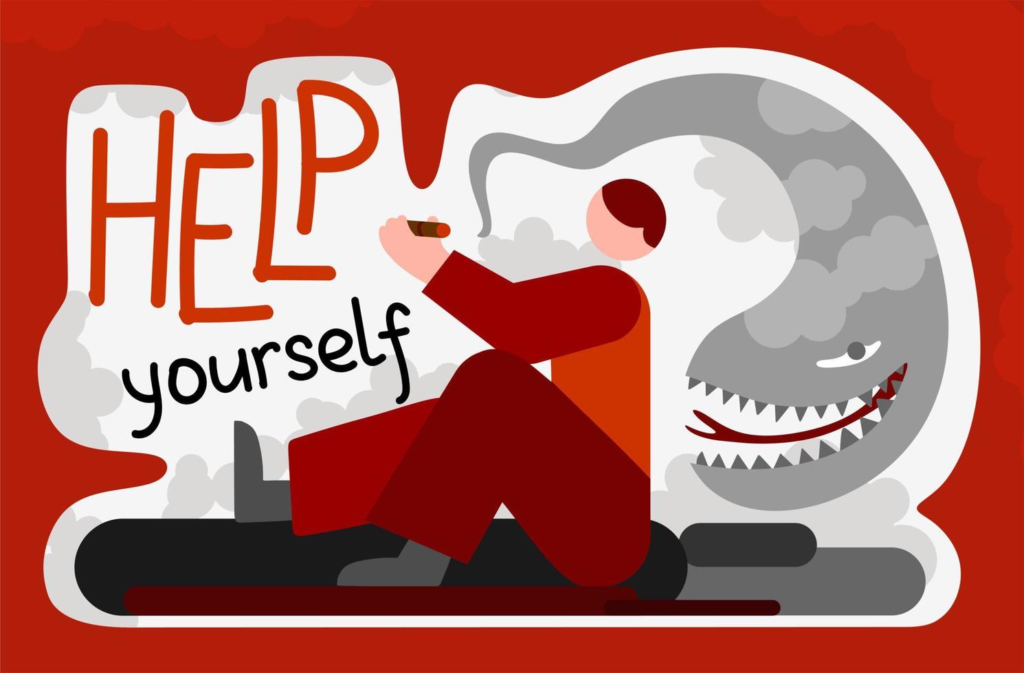 Nicotine addiction, bad habits. A smoker deliberately spoils his health. Refusal of cigarettes and cigars. Vector illustration