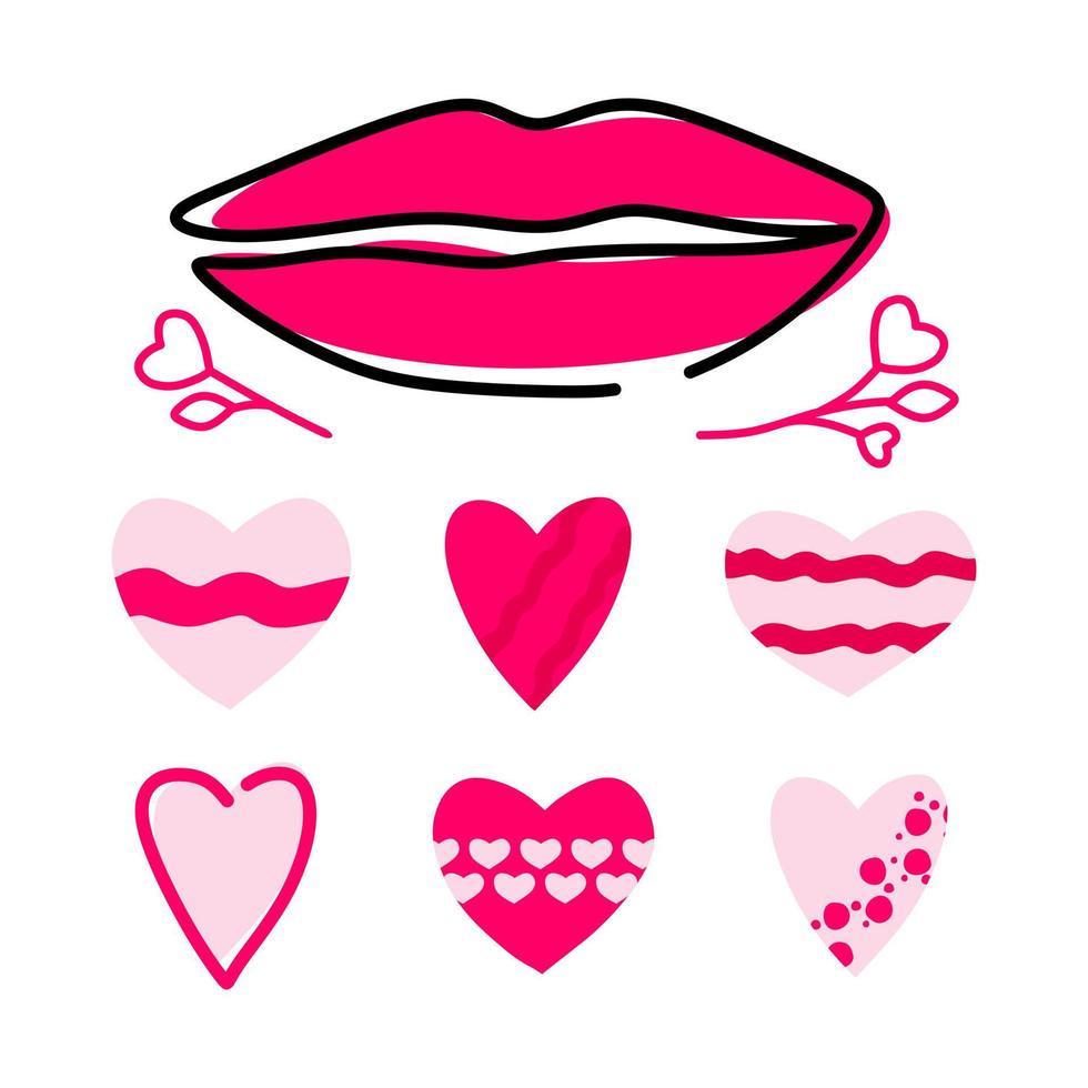 A set of twigs, lips, hearts in different styles. For websites, sketches, apps, T-shirts, mugs, and printing. vector