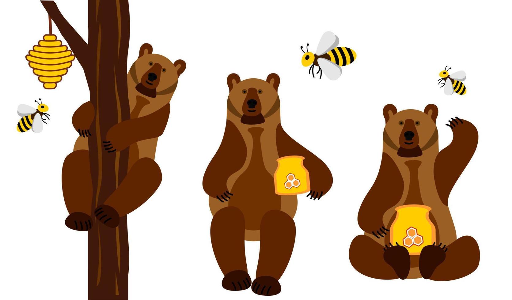 A bear climbs a tree, eats honey, swats away bees vector