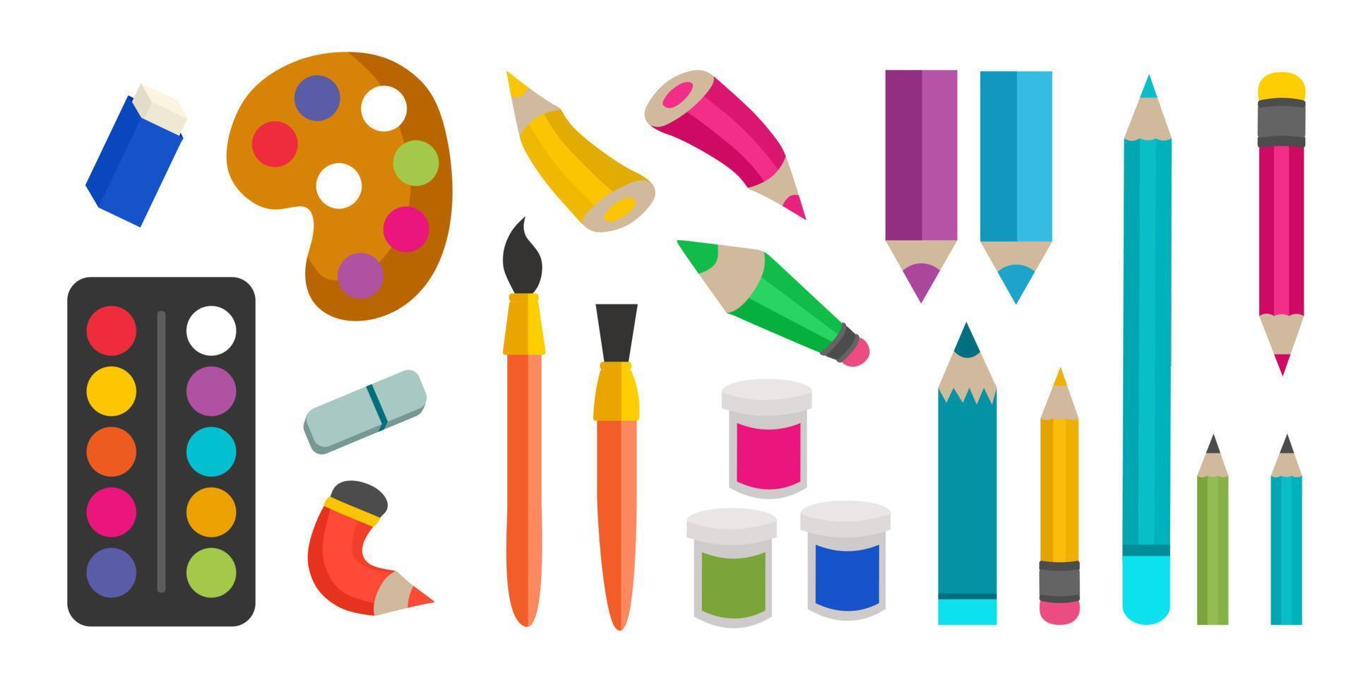 Stationery or School Supplies Set.  Pencils, pens, backpacks, rulers, cups, a calculator, compasses. Vector illustration