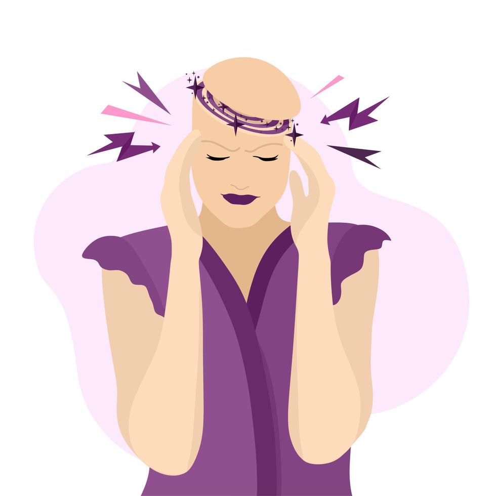 dolor de cabeza, migraña. una niña sostiene su cabeza, sufriendo un dolor desgarrador. ilustración de dibujos animados para carteles informativos, artículos, sitios web y aplicaciones móviles. vector