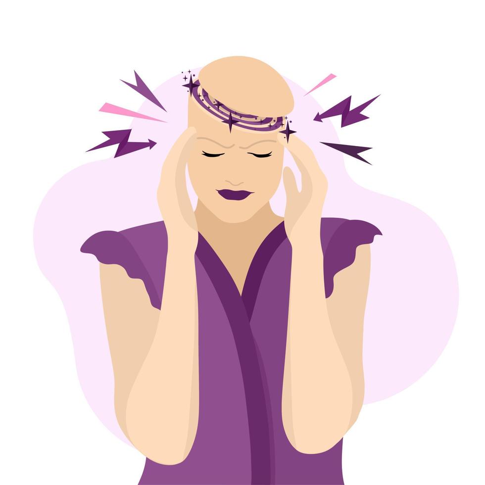 Headache, migraine. A young girl is holding her head, suffering from a splitting pain. Cartoon illustration for informational posters, articles, websites, and mobile apps. vector