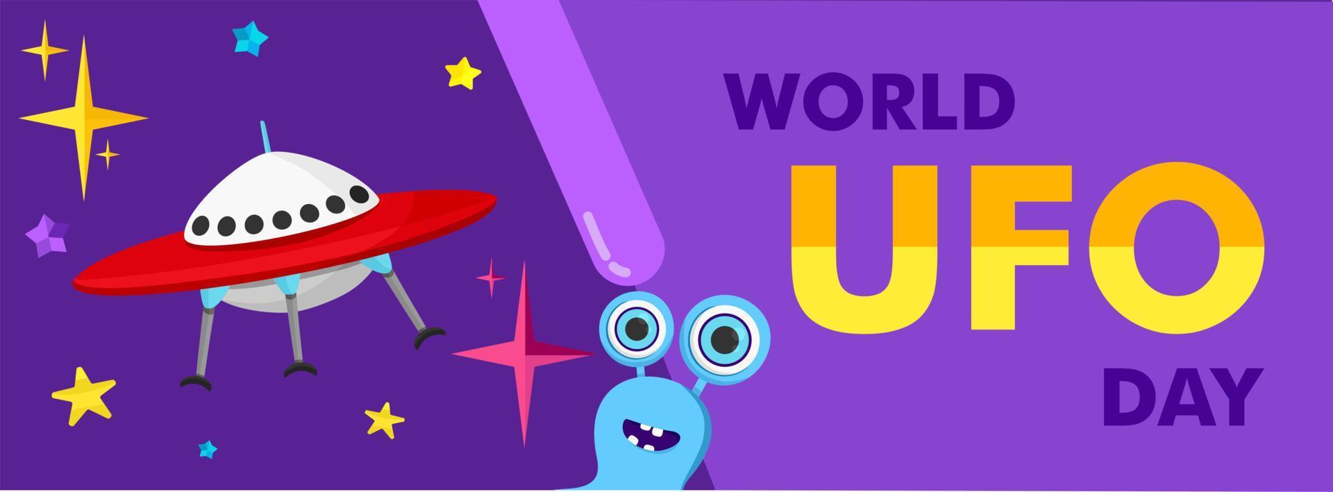 Vector illustration of a ufo plane, a flying saucer, with stars and humanoids. You can apply it to a poster template or banner. World Ufo Day.