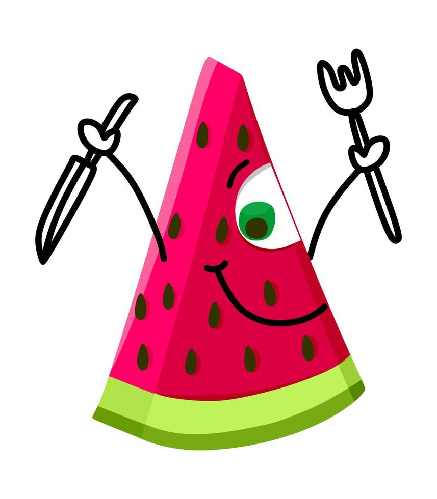 Watermelon is fun and funny with hands and feet and a fork and knife. Vector illustration in a flat style. It can be used for websites, mobile apps, stickers, prints on clothing and fabric.