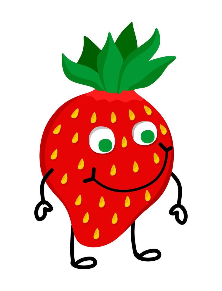 Strawberries are fun and funny with hands and feet. Vector illustration in a flat style. It can be used for websites, mobile apps, stickers, prints on clothing and fabric.