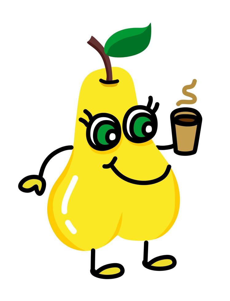 Cartoon cute kind yellow illustration of a pear with beautiful eyes with a mug of hot coffee. For a set of stickers, children's events, recreation, leisure. vector
