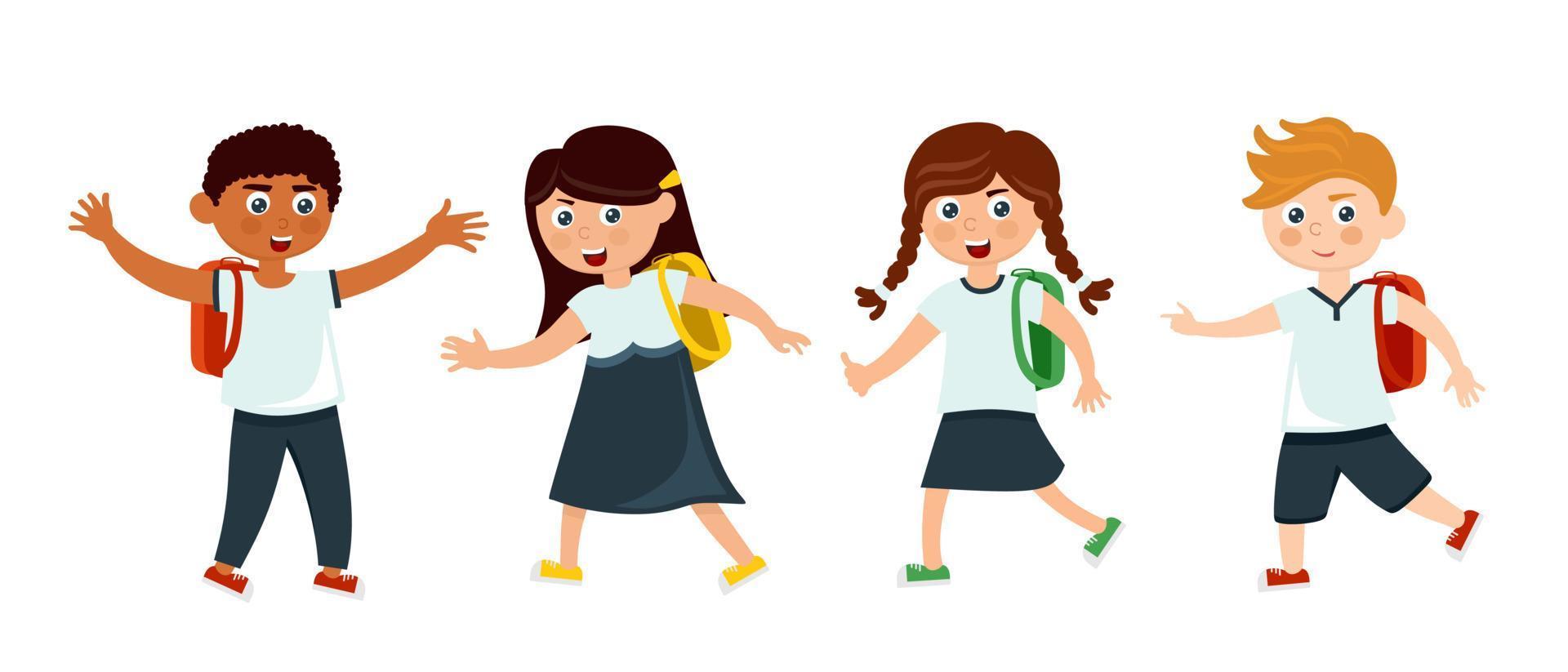 A group of schoolchildren and schoolgirls with backpacks going to school in a cartoon style. vector