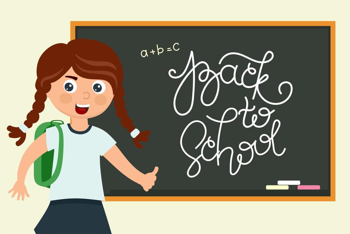 A schoolgirl at the blackboard with the inscription back to school in a cartoon style. Vector illustration