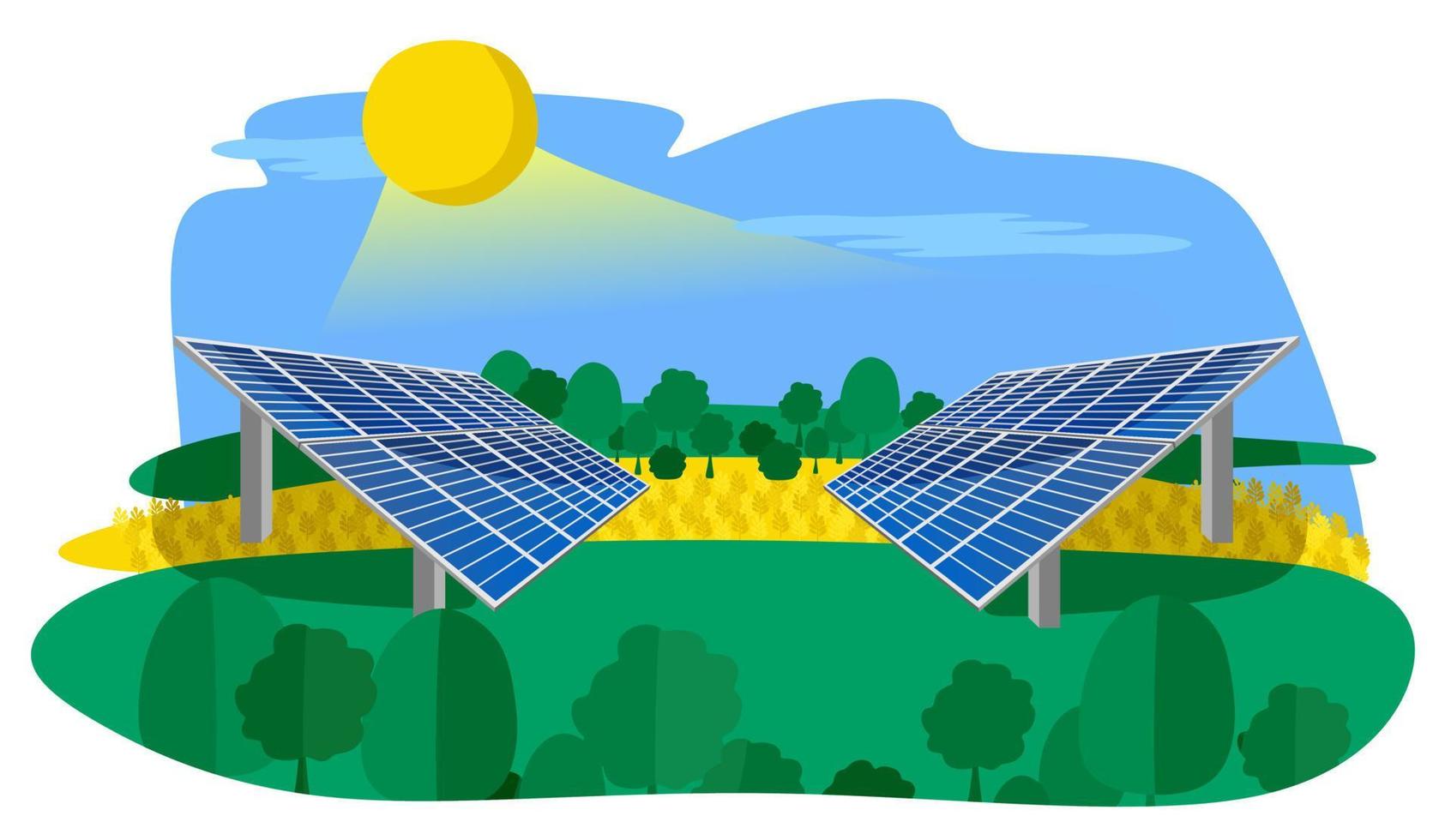 Renewable energy sources with solar panels installed in the field. The concept of alternative clean energy. Vector flat illustration.