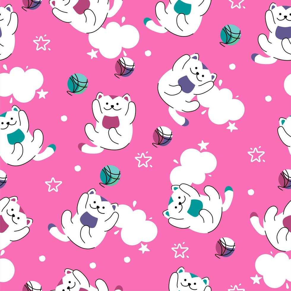 A pattern of funny cats and balls of yarn on a pink background. For use in printing, postcards, textiles. Vector illustration.
