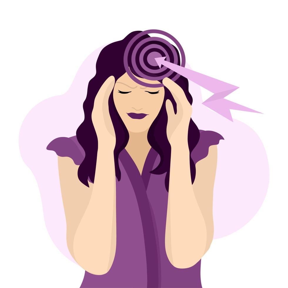 Headache, migraine. A young girl is holding her head, suffering from pain. Cartoon illustration for informational posters, articles, websites, and mobile apps. vector