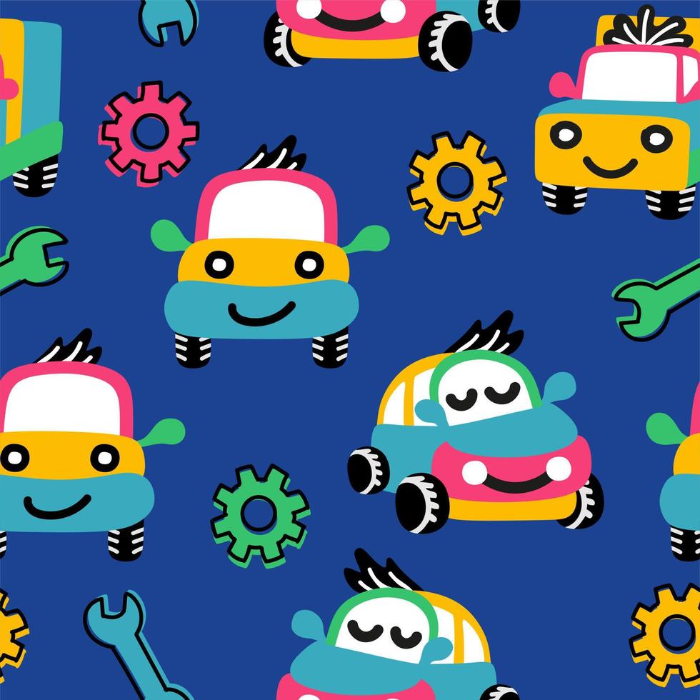 Funny cars pattern. Vector illustration on a blue background. For printing souvenirs, postcards and textiles.