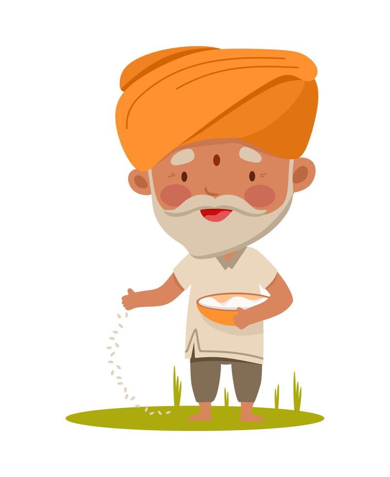 viejo granjero indio. un agricultor siembra arroz en el campo. ilustración vectorial en un estilo de dibujos animados plana vector