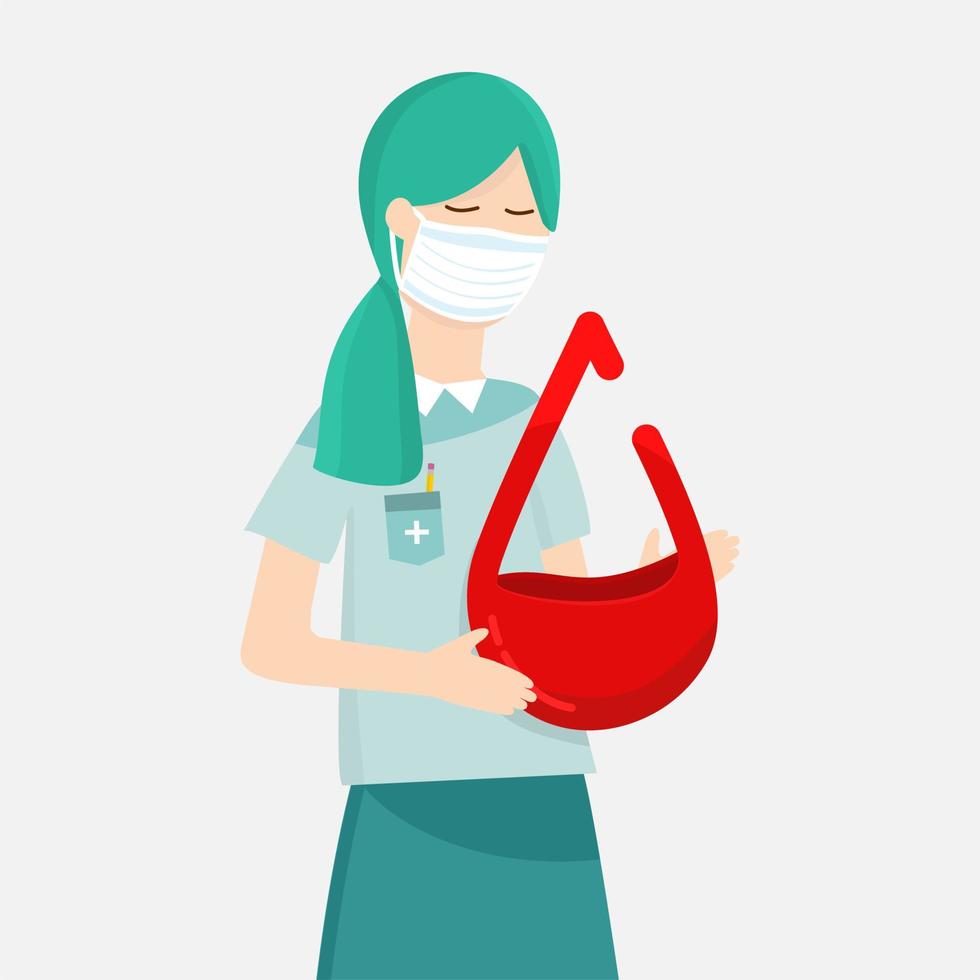 A young girl medical staff holds a drop of blood in the medical center. World Blood Donor Day. Vector illustration.