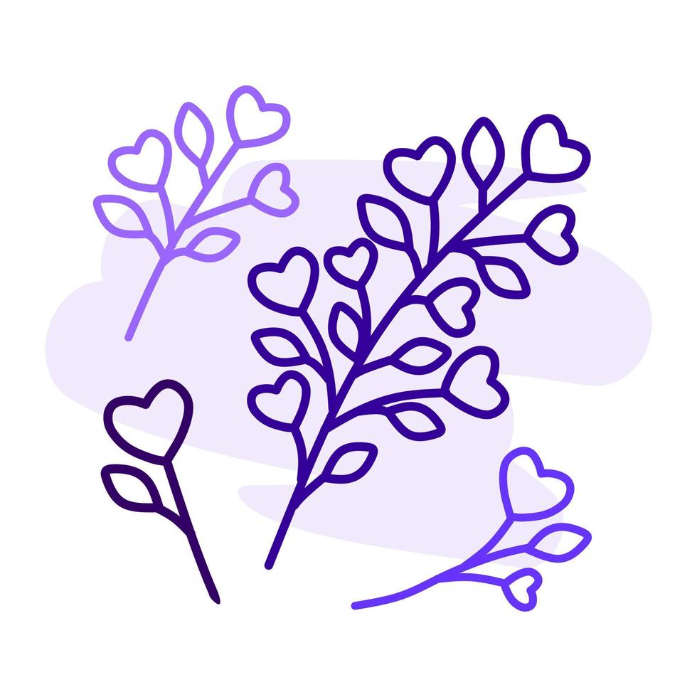 A set of twigs in the style of lines with leaves and hearts. For websites, sketches, apps, T-shirts, mugs, and printing. vector