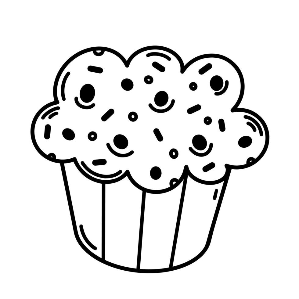 Cupcake simple vector icon. Hand drawn illustration isolated on white background. Delicious dessert with cream and sprinkles. Muffin sketch, cake for birthday, party. Fresh pastries clipart