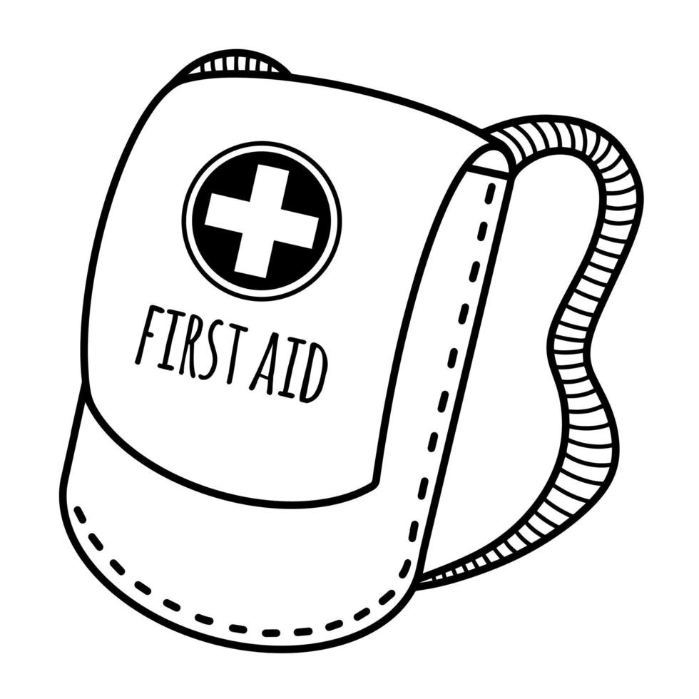 First aid kit backpack for travel and hiking. Hand-drawn vector doodle isolated on white background. Cloth bag with straps for storing medicines. Packaging with a cross and text. First aid kit sketch.