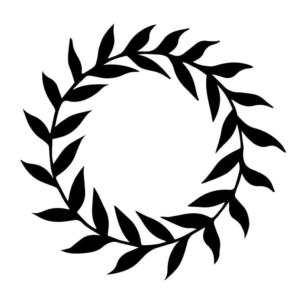 Wreath of branches and leaves vector icon. Hand drawn doodle isolated on white background. Black silhouette of twigs and foliage. Botanical sketch. Monochrome natural concept.