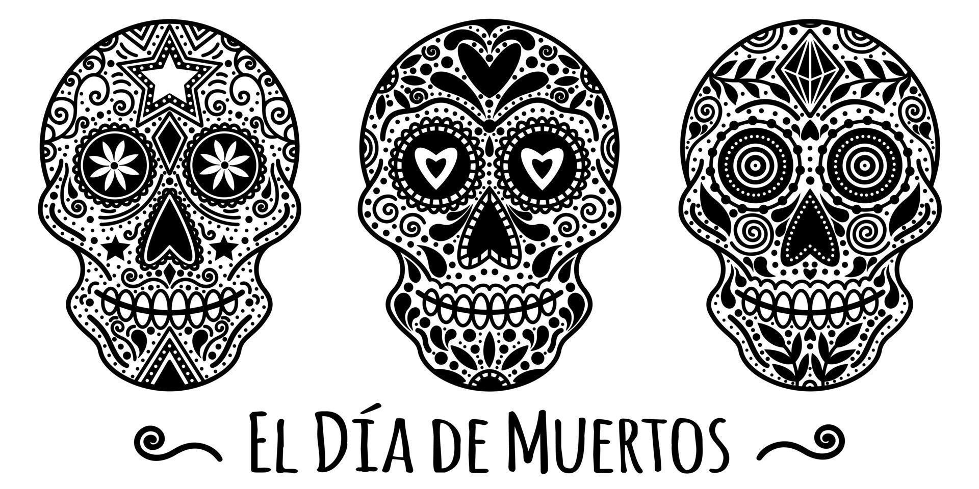 Set of white sugar skulls with abstract patterns. Hand drawn vector icons isolated on white background. Monochrome illustrations of masks of skeletons for the day of the dead. Festive element sketch.