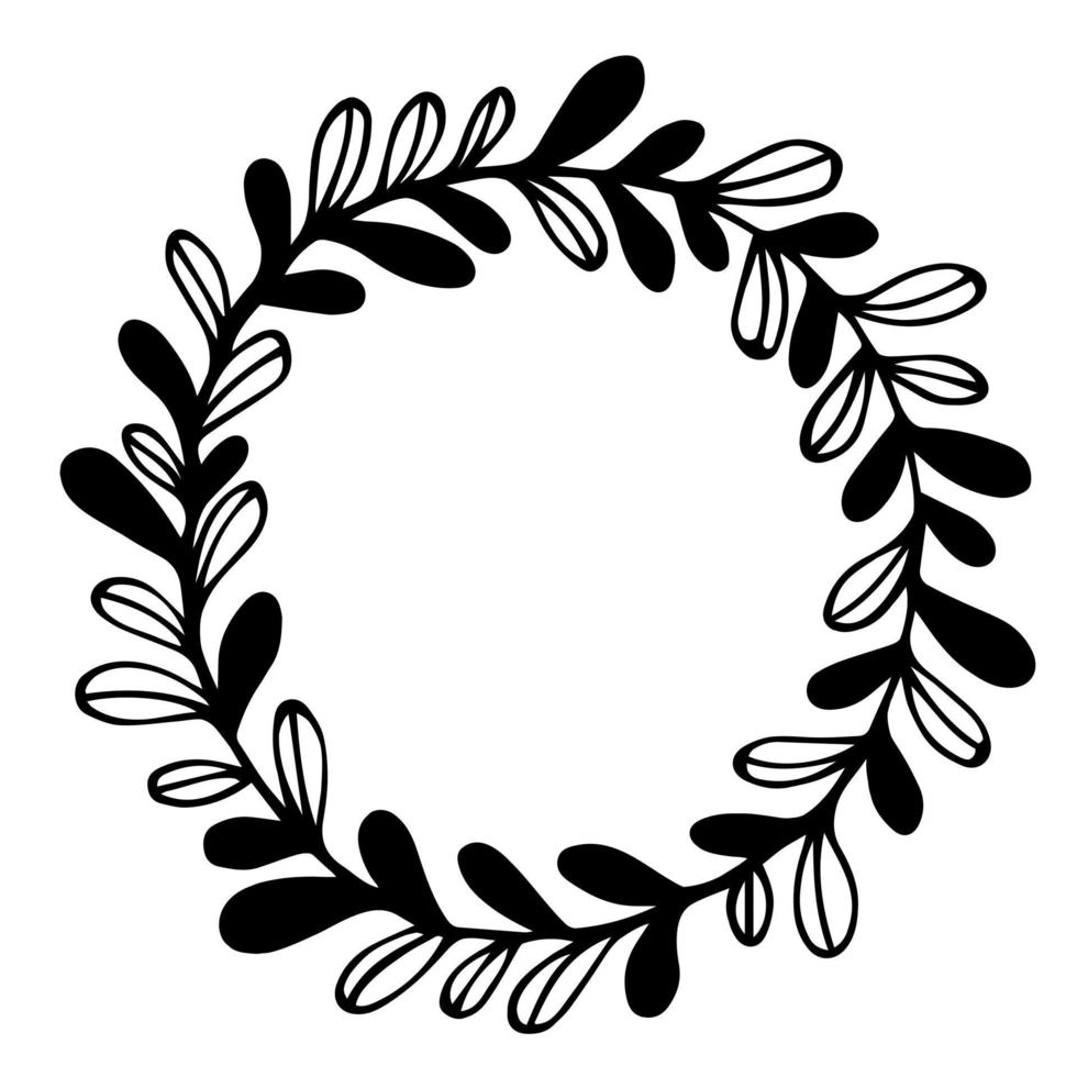 Wreath of branches and leaves vector icon. Hand-drawn illustration isolated on white background. Garland of black and white veined leaves. Autumn silhouette of a chaplet of herbs. Round frame.