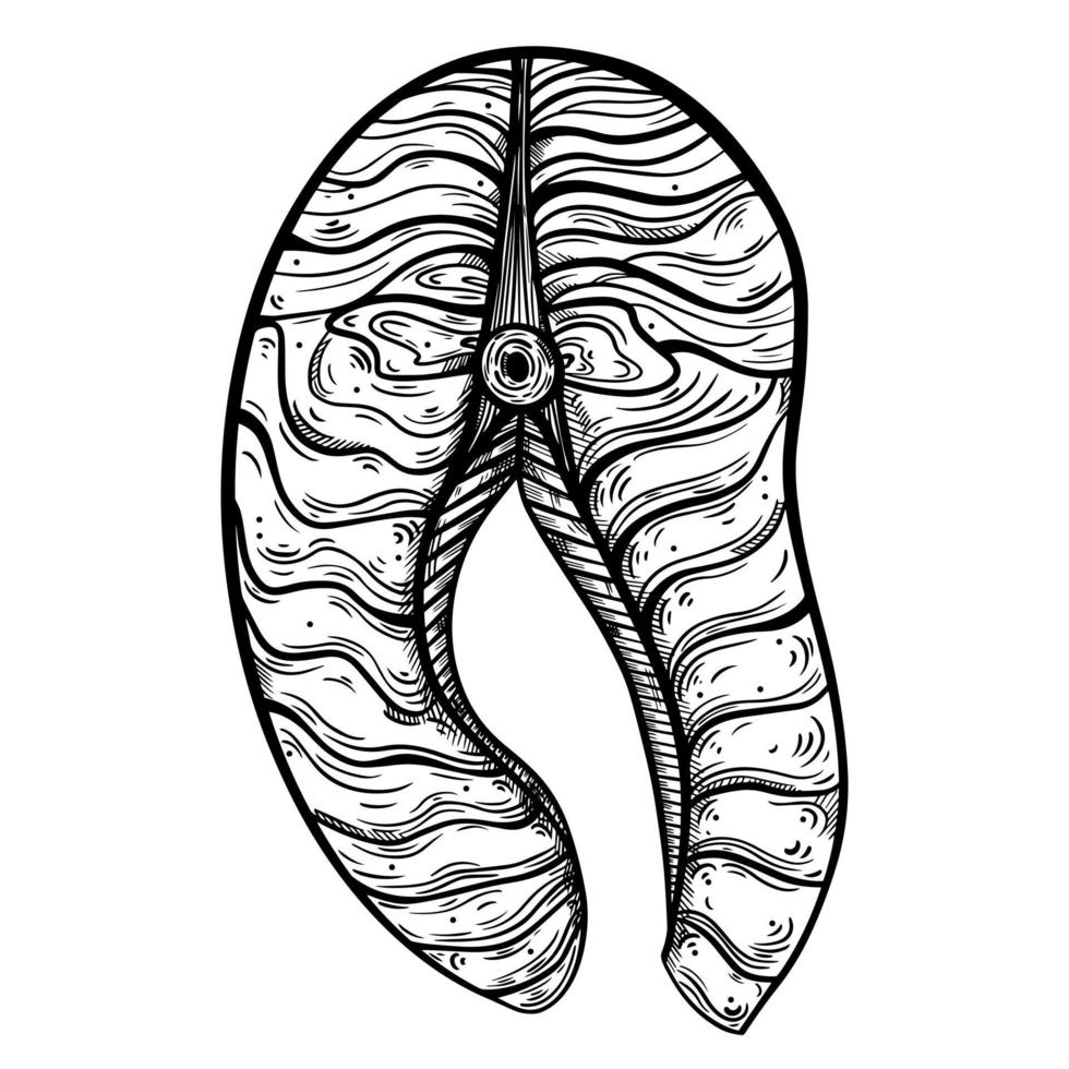 rebanada de icono de vector de salmón fresco. ilustración dibujada a mano aislada sobre fondo blanco. filete de pescado crudo para asar a la parrilla, barbacoa. un boceto de un manjar de mariscos. imitación de grabado, trazo de tinta.