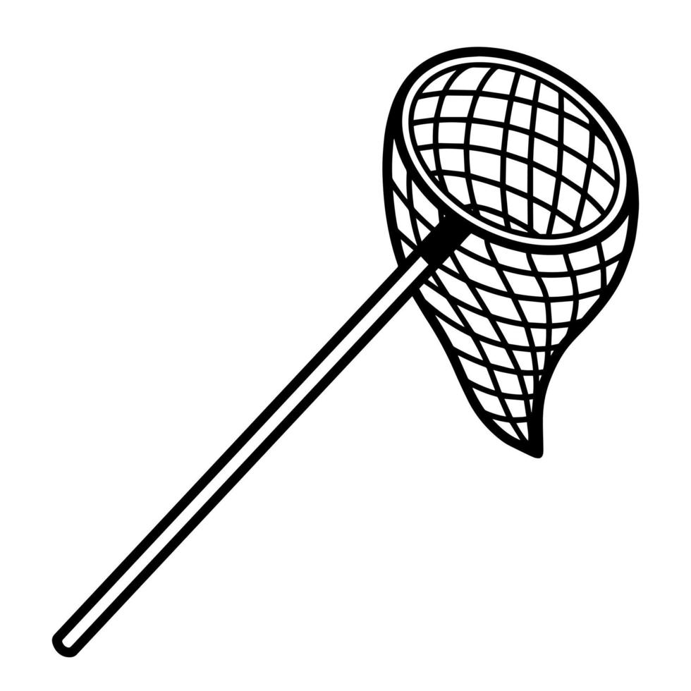 Entomological landing net for catching insects. Hand-drawn monochrome doodle. Insectological equipment with a long handle and a net for catching butterflies. Sketch on a white background. vector