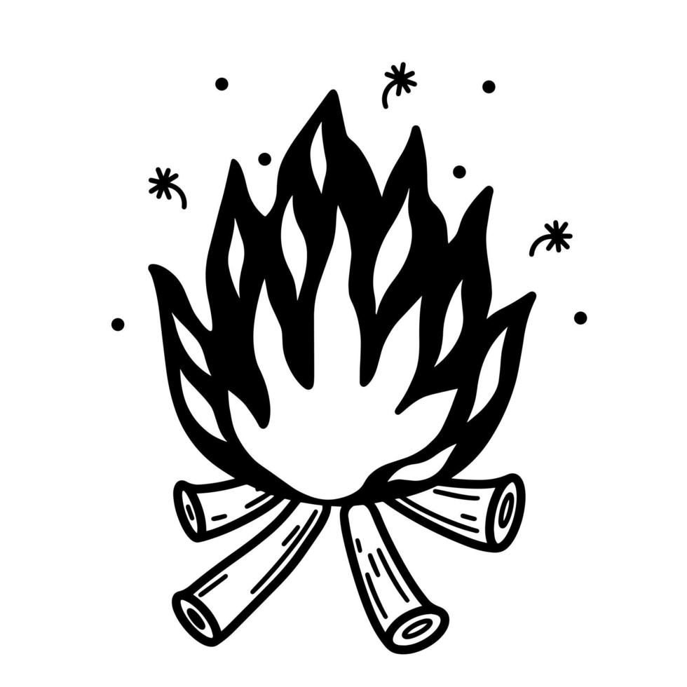 A hand-drawn burning bonfire. Logs on fire. Monochrome illustration of firewood burning in the fire. A sketch of sparks flying from the hearth. Doodle of the balefire. vector