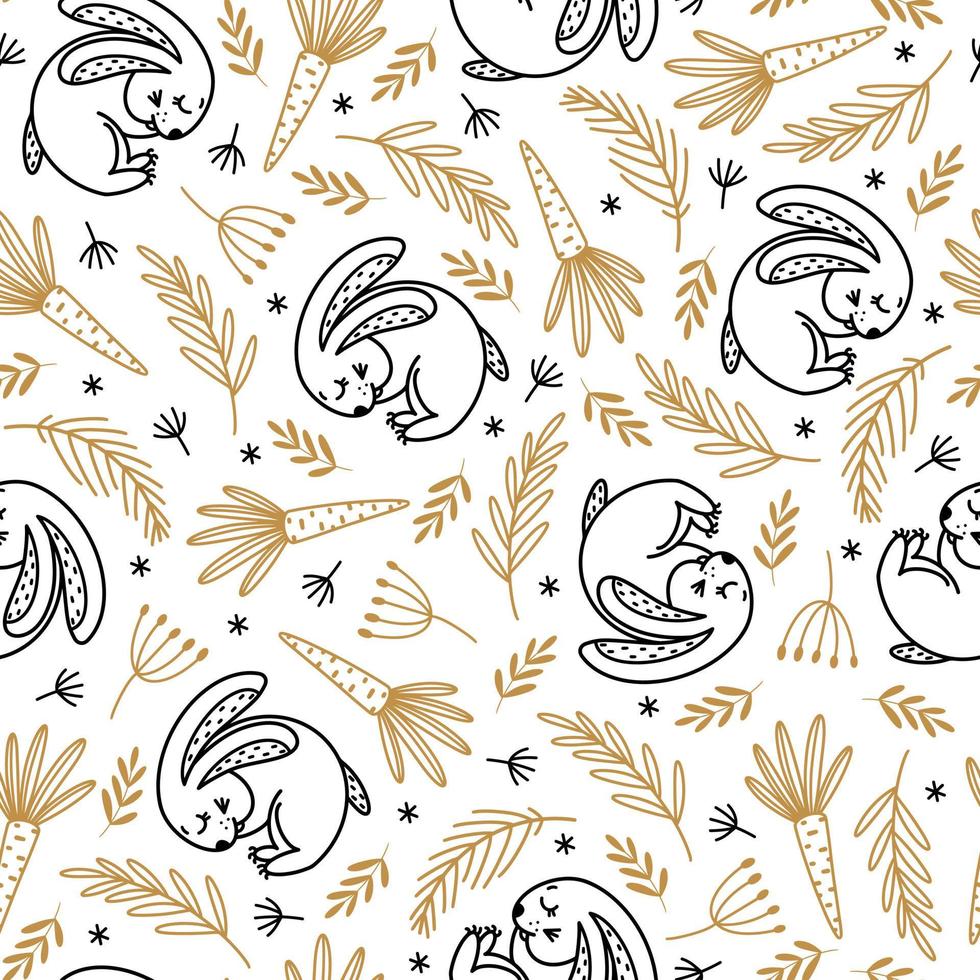 Easter seamless vector pattern with lazy bunny. Hand drawn illustration isolated on white background. Cute rabbit sleeps in the spring grass, flowers, carrots. Doodle concept for decoration, design