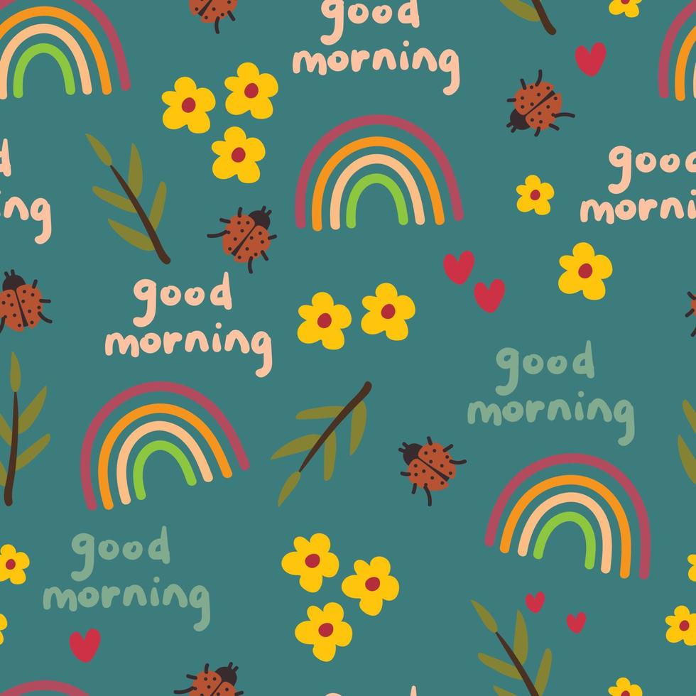 seamless pattern cartoon rainbow, plant and insect vector