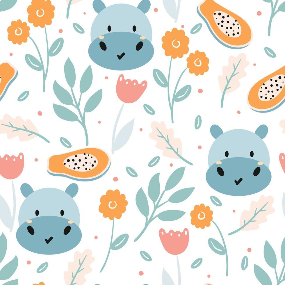 planta y hipopótamo de dibujos animados lindo de patrones sin fisuras. para papel tapiz infantil, estampado de tela y papel de regalo vector