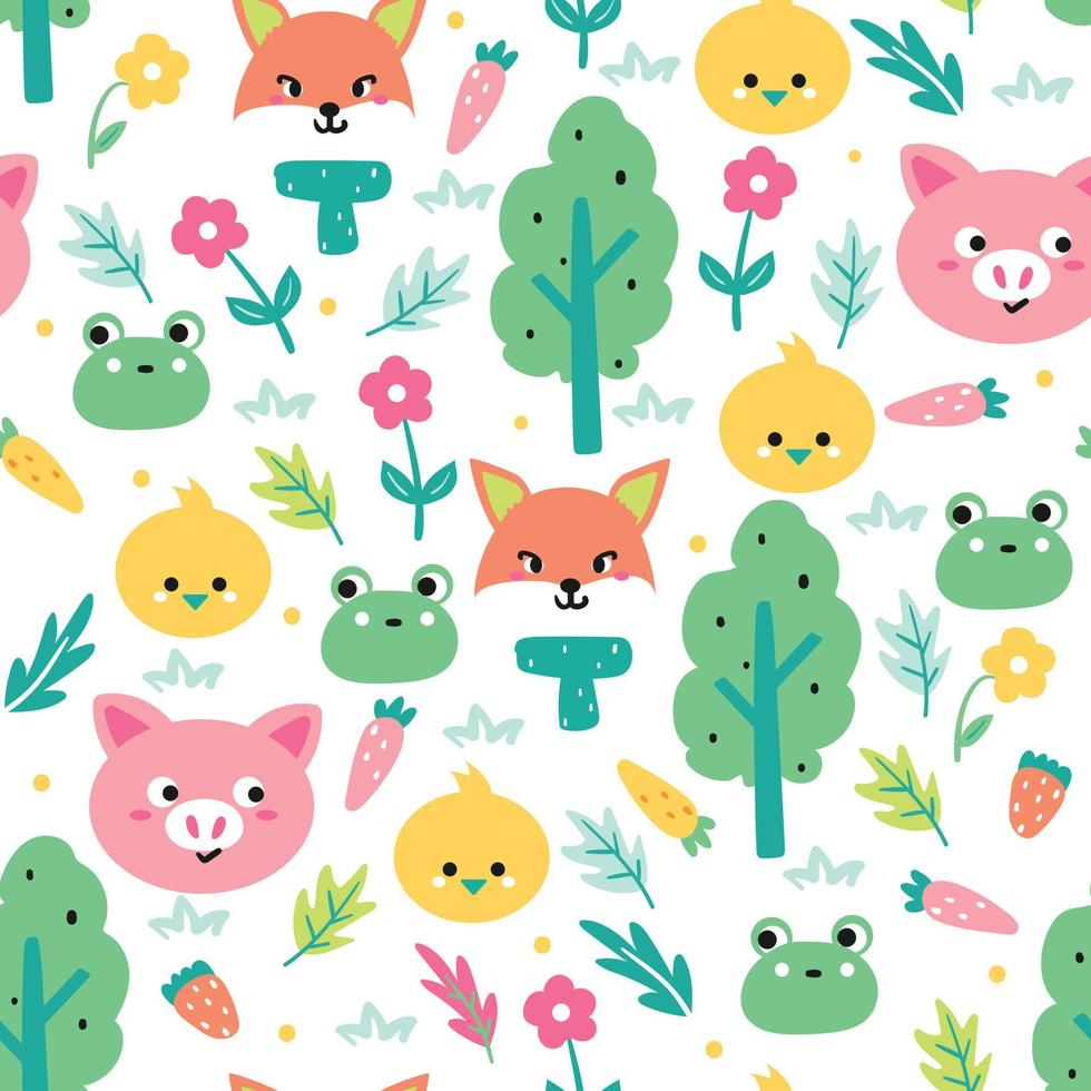 seamless pattern cute cartoon fox pig, frog and duck with plant vector