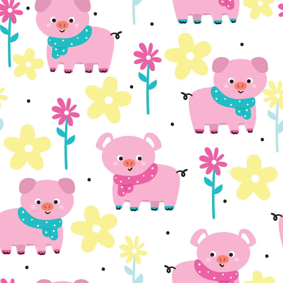 cerdo de dibujos animados lindo de patrones sin fisuras y planta. para papel tapiz infantil, estampado de tela y papel de regalo vector