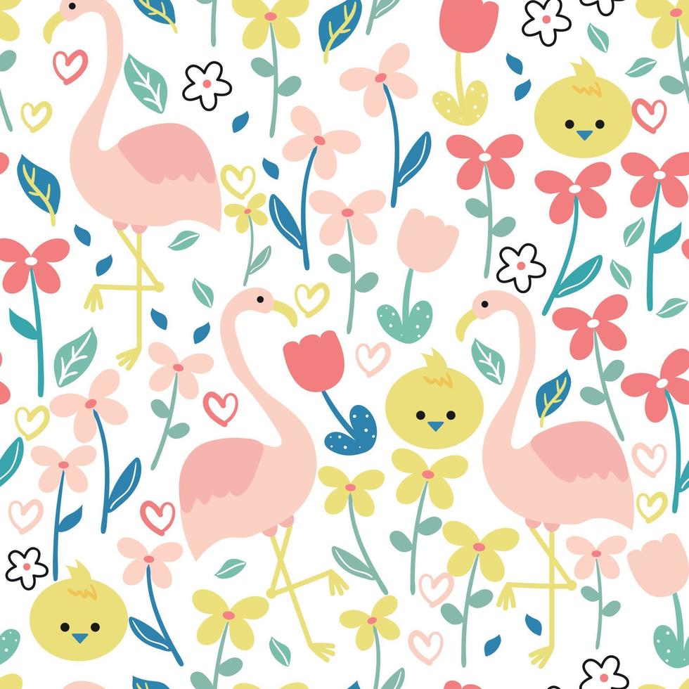 seamless pattern cute cartoon flamingo, chick and plant vector