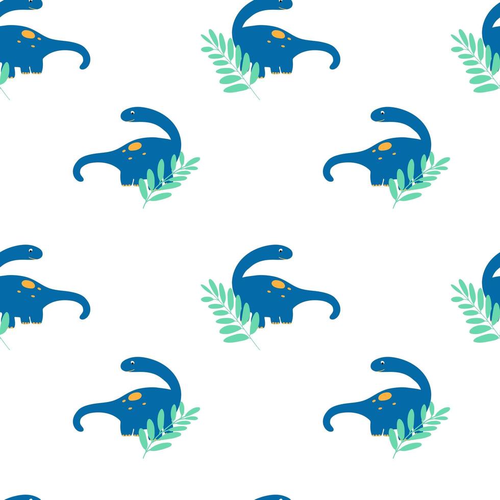 Vector seamless pattern with dinosaurs and leaves in cartoon flat childish style. Animal kids illustration background in blue and yellow colors