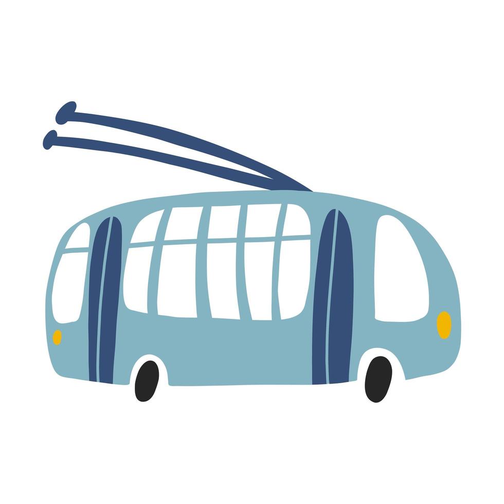 Trolley bus isolated on white background in cartoon hand drawn style. Childish transport in blue colors for nursery, baby apparel, textile, wallpaper, wrapping paper, card, scrapbooking. vector