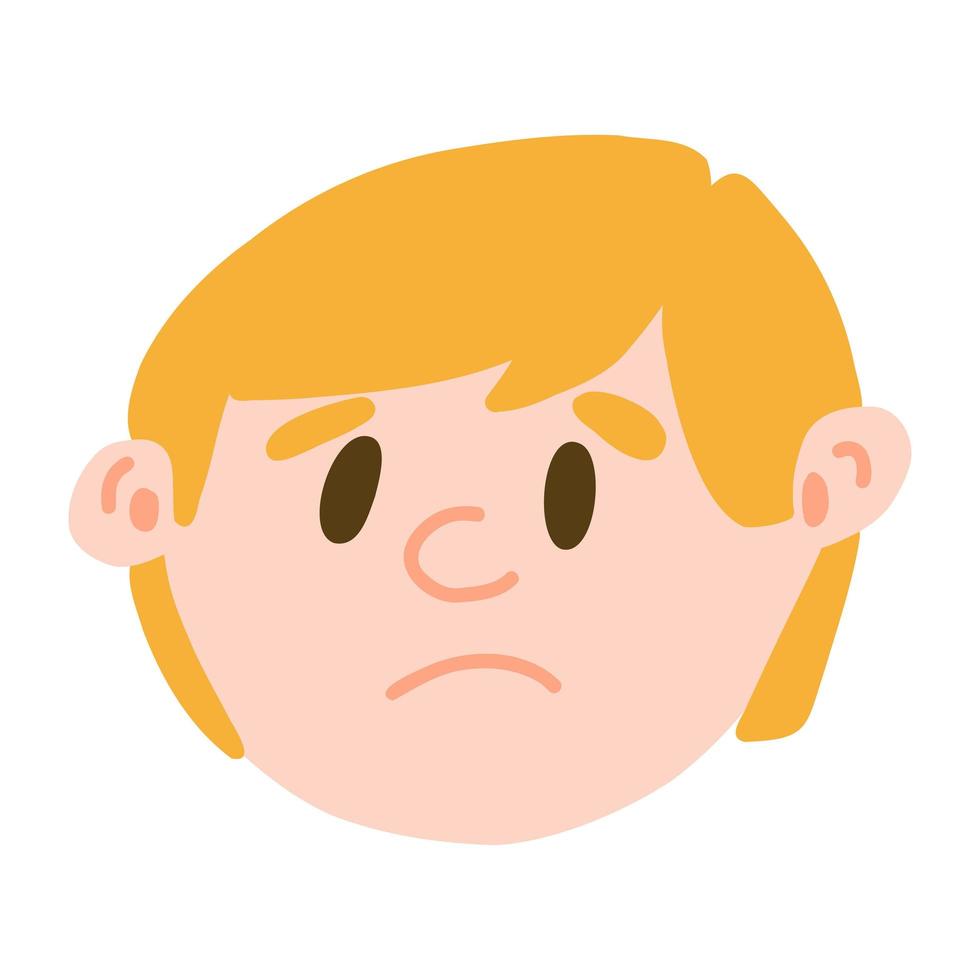 Facial expression of young light skinned boy face in cartoon style, vector illustrations isolated on white background. Feelings of depression, frustration, gloom, frustration, upset