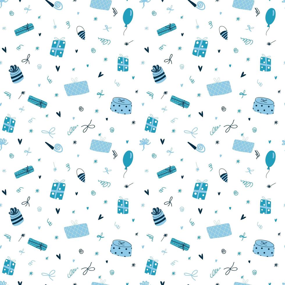 Vector seamless pattern with cute funny blue gift boxes in cartoon flat style.