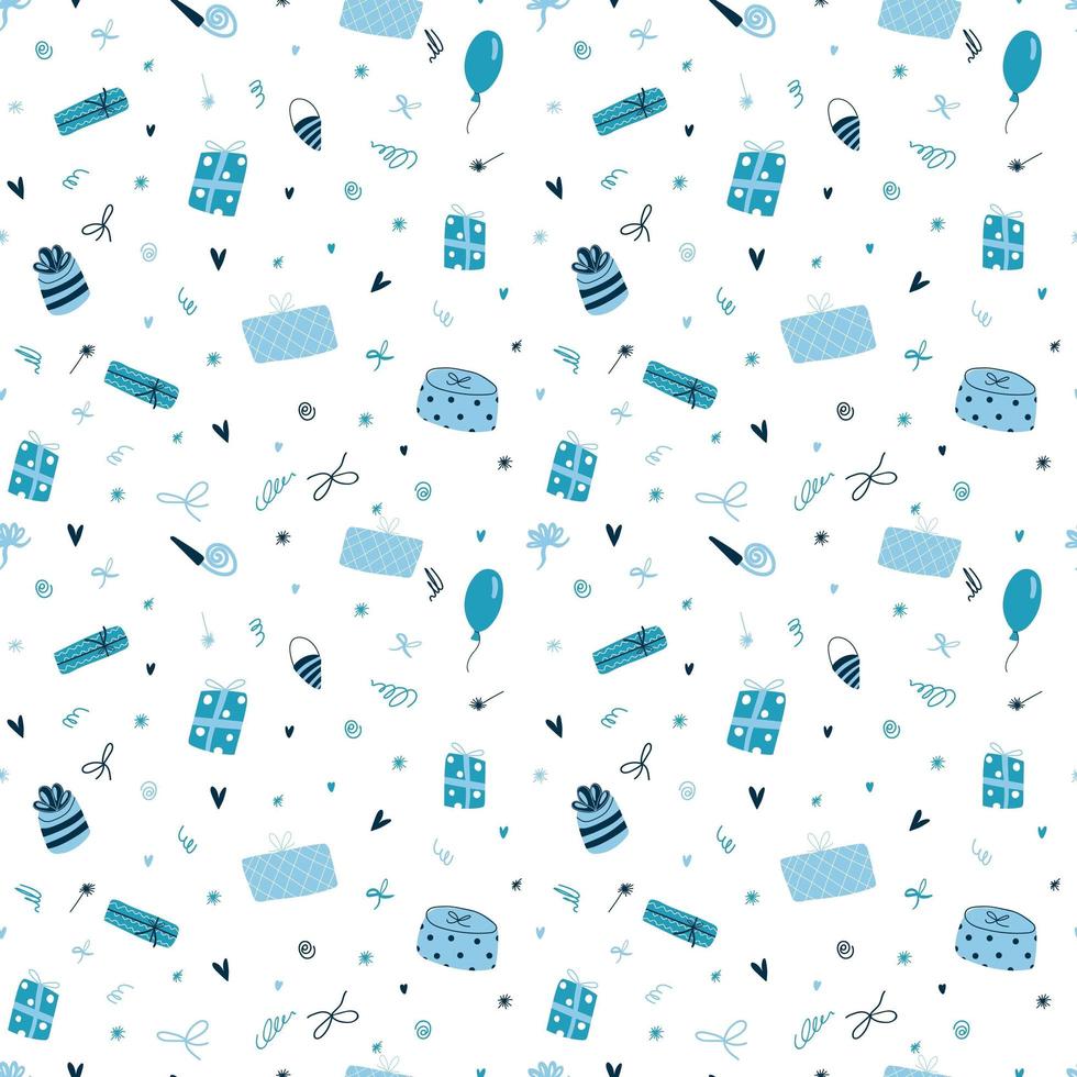 Vector seamless pattern with cute funny blue gift boxes in cartoon flat style.