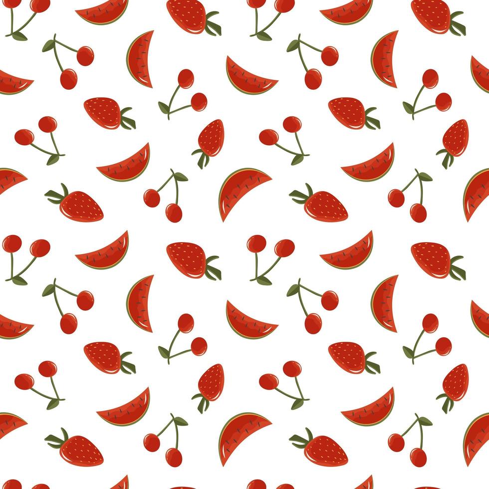 Vector seamless pattern with fruits as strawberry, cherry, watermelon. Summer background with fresh berries