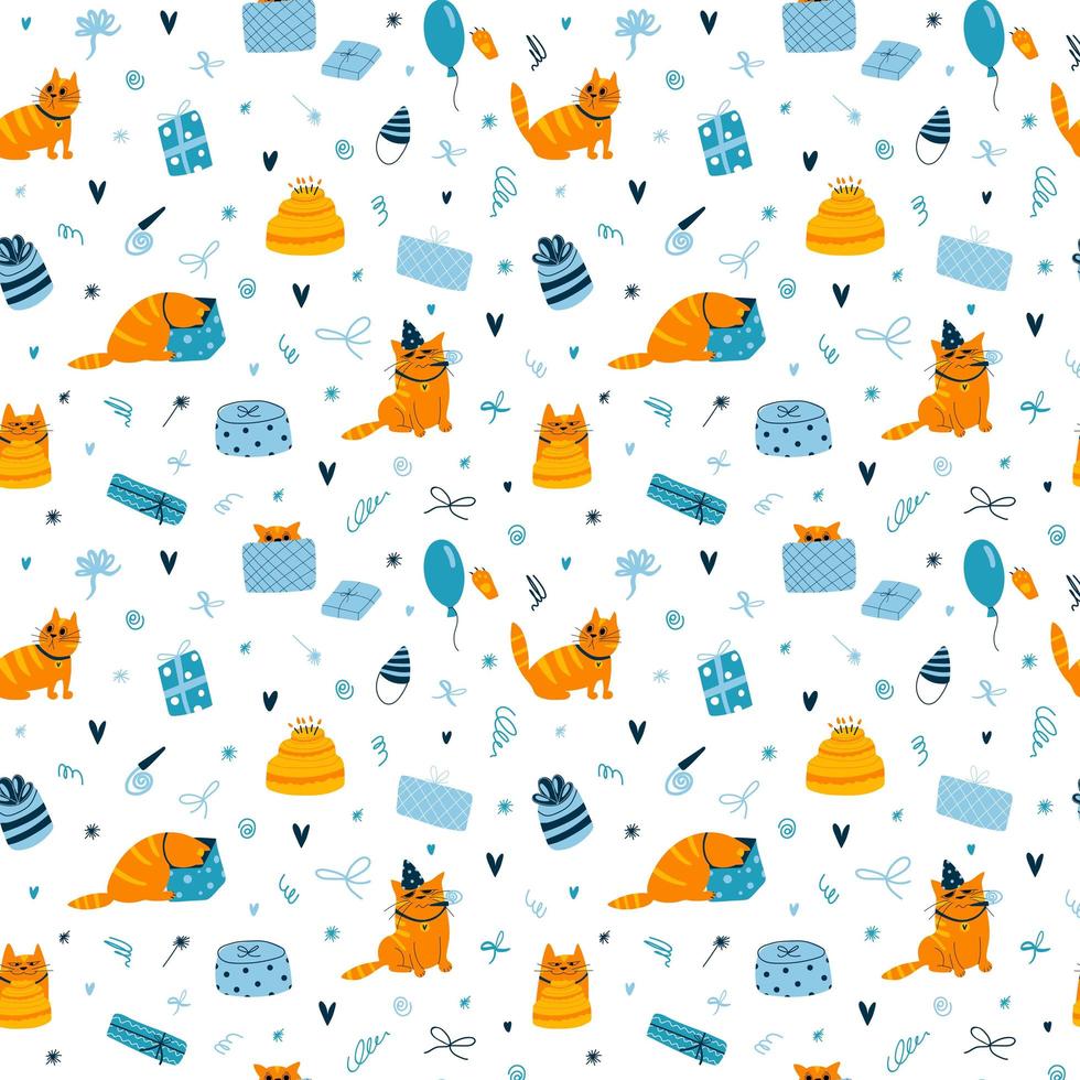 vector de patrones sin fisuras con divertidos gatos de cumpleaños sobre fondo blanco. papel tapiz colorido con gatos, pastel de cumpleaños y velas, regalos, globos en azul y jengibre