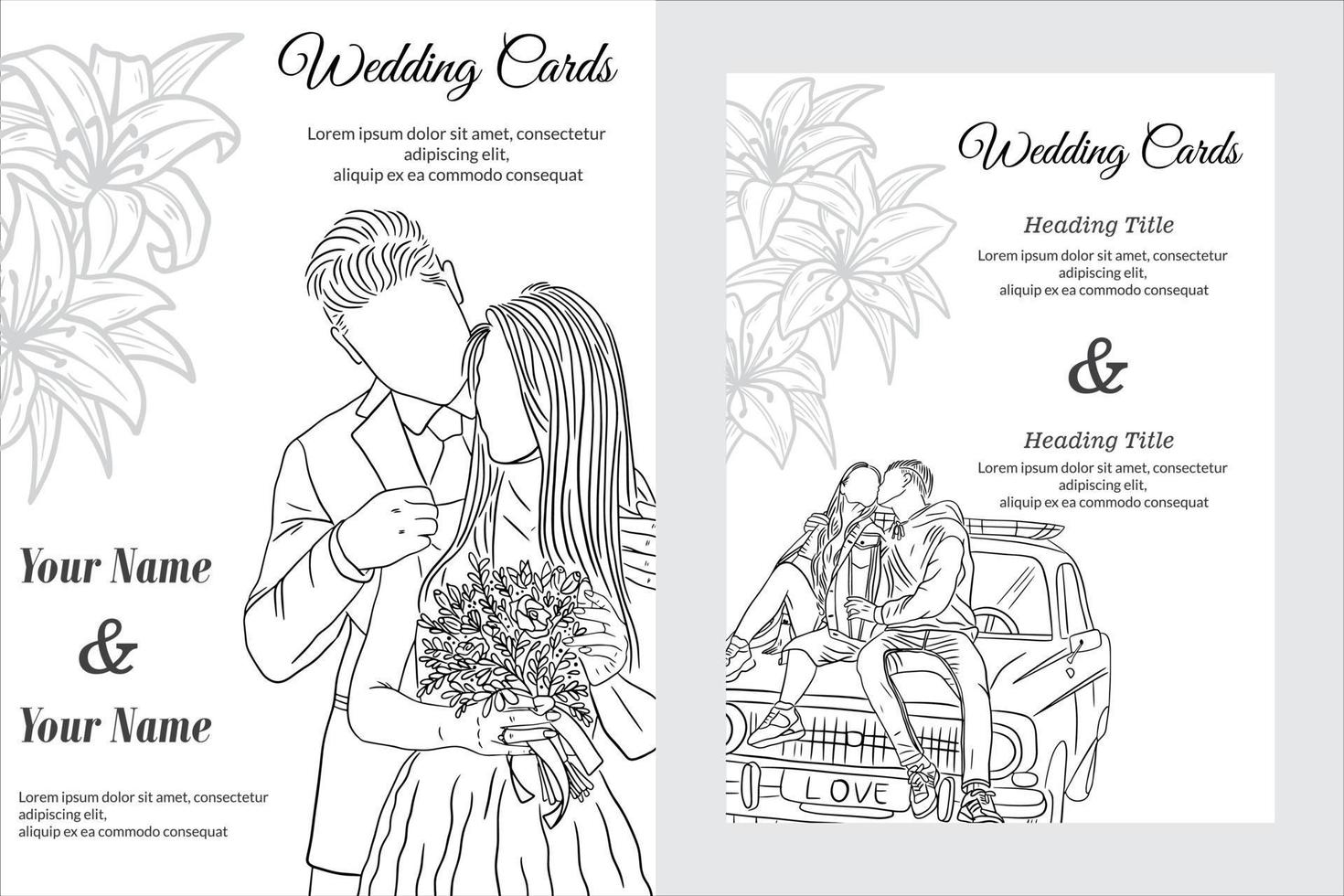 Set Wedding Card Elegant Line Art Love Happy beautiful beauty illustration vector
