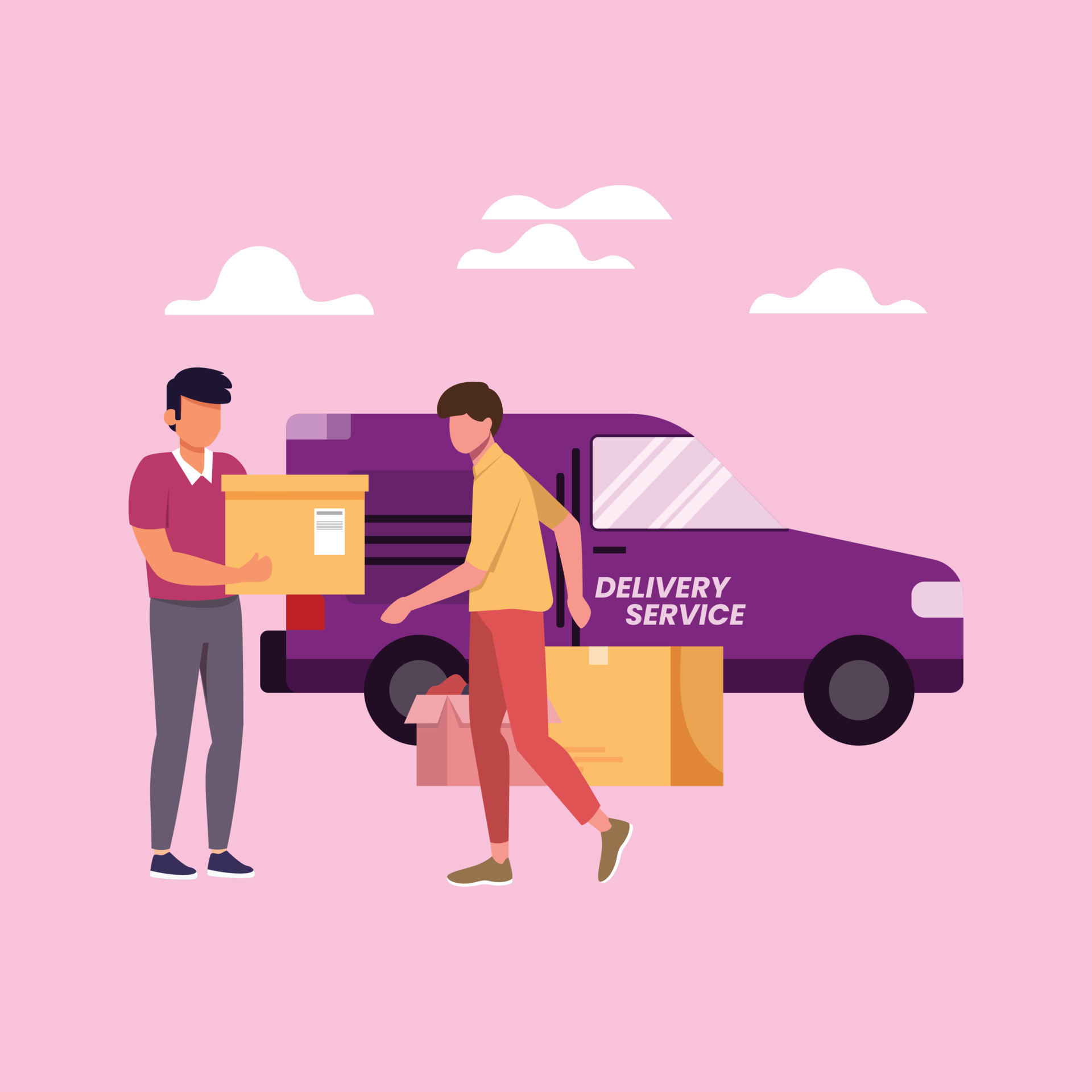 Young courier giving package yellow box to customer. Happy man receive