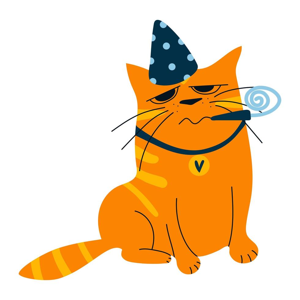 ilustración vectorial de gato jengibre con sombrero de cumpleaños. ilustración colorida plana de dibujos animados de feliz cumpleaños con mascota vector