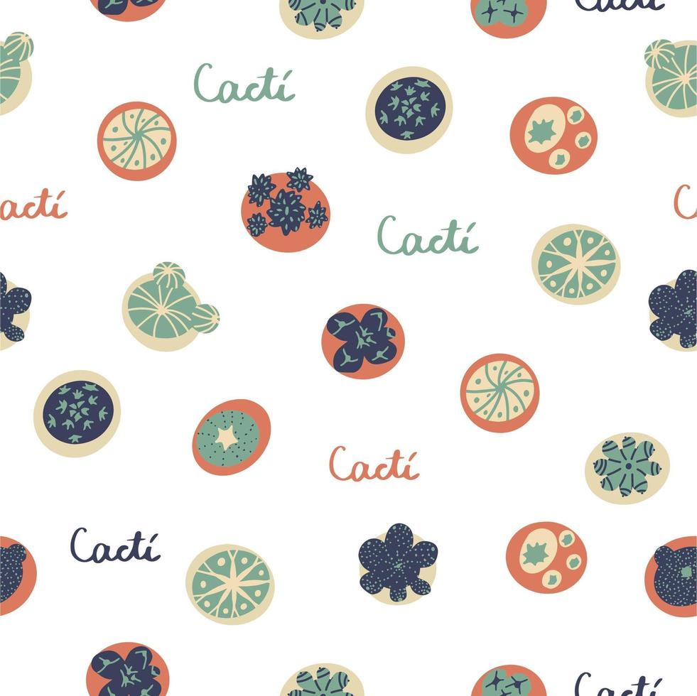 Vector seamless pattern with cactus top view. Background in cartoon flat style in calm earthy tones