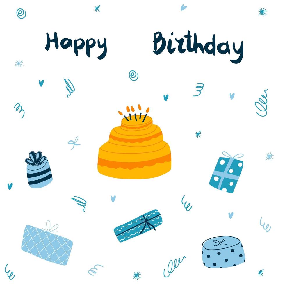 Vector greeting card with birthday cake with candles, blue gift boxes and hand drawn lettering. Happy Birthday cartoon flat colorful childish illustration