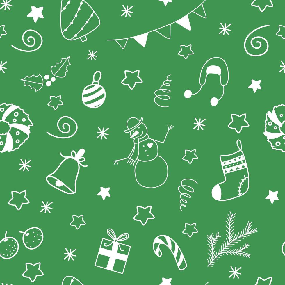 Vector christmas and new year seamless pattern with white doodles elements on green background. Cute cartoon snowman, bell, gift box, oranges, Christmas tree, fir, wreath, stars and snowflakes