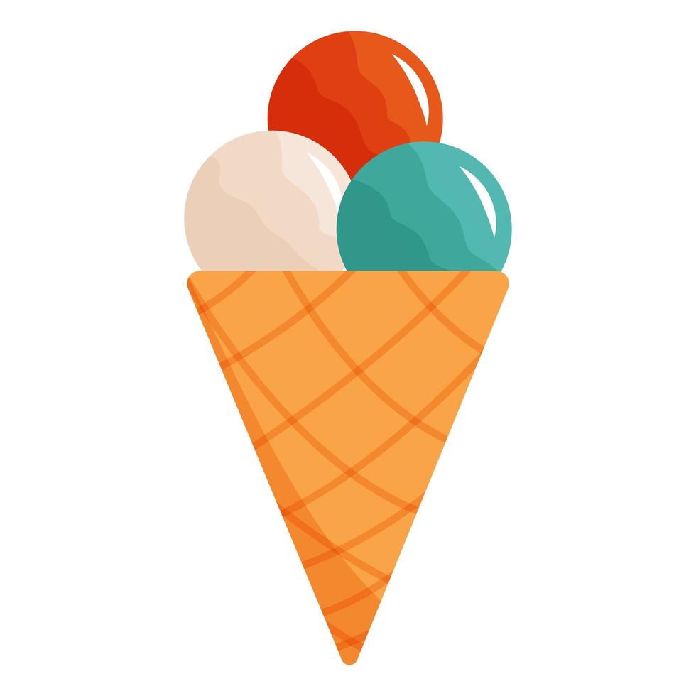 ilustración vectorial de helado en cono de gofre en estilo plano de dibujos animados. sabrosos dulces de verano, sorbete, postre vector